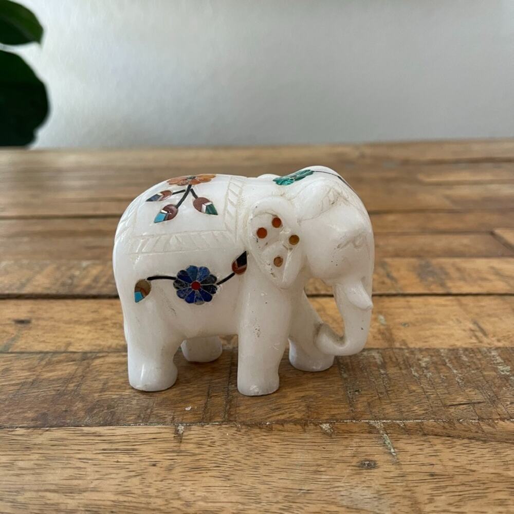 Hand Carved White Marble Elephant 3" Floral Gemstone Inlay